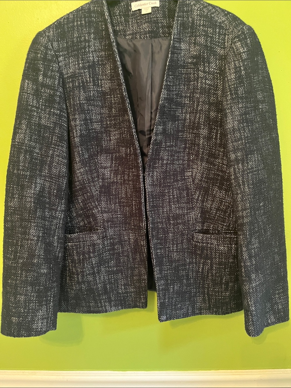 Coldwater Creek open-front navy and white tweed textured jacket w/ single closur
